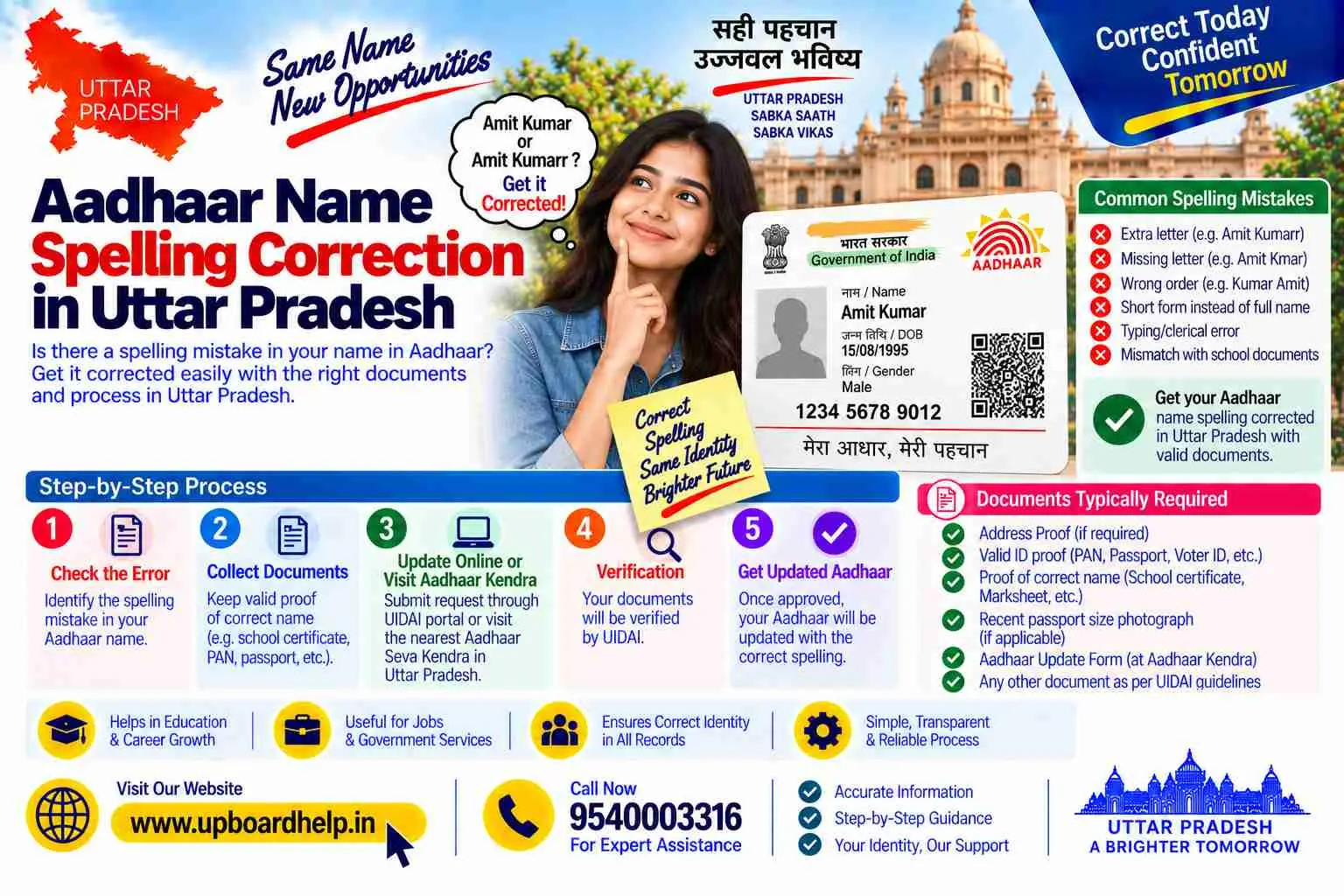 Aadhaar name spelling correction in Uttar Pradesh at a Seva Kendra with a supporting document
