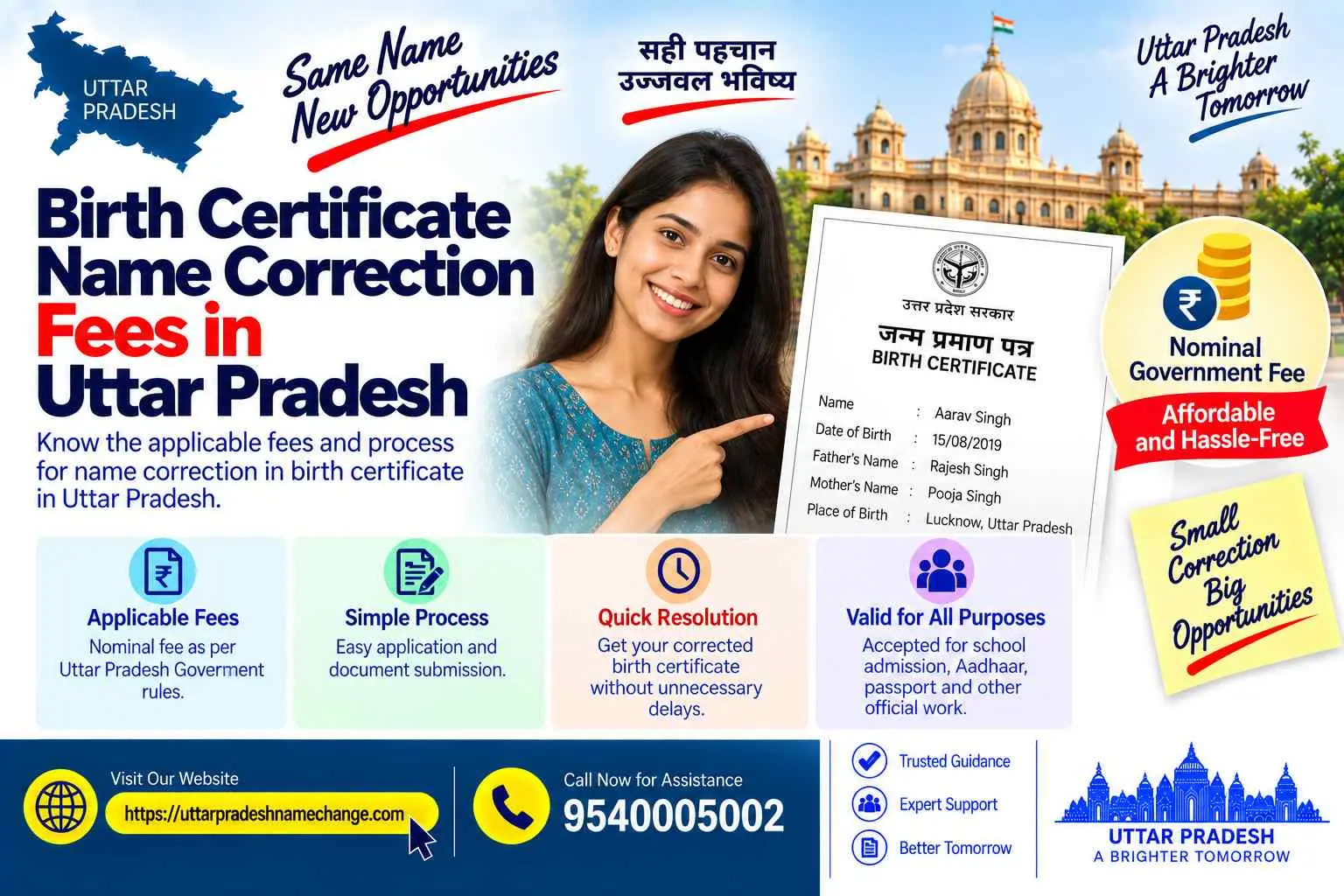 Birth certificate name correction fees and time in Uttar Pradesh