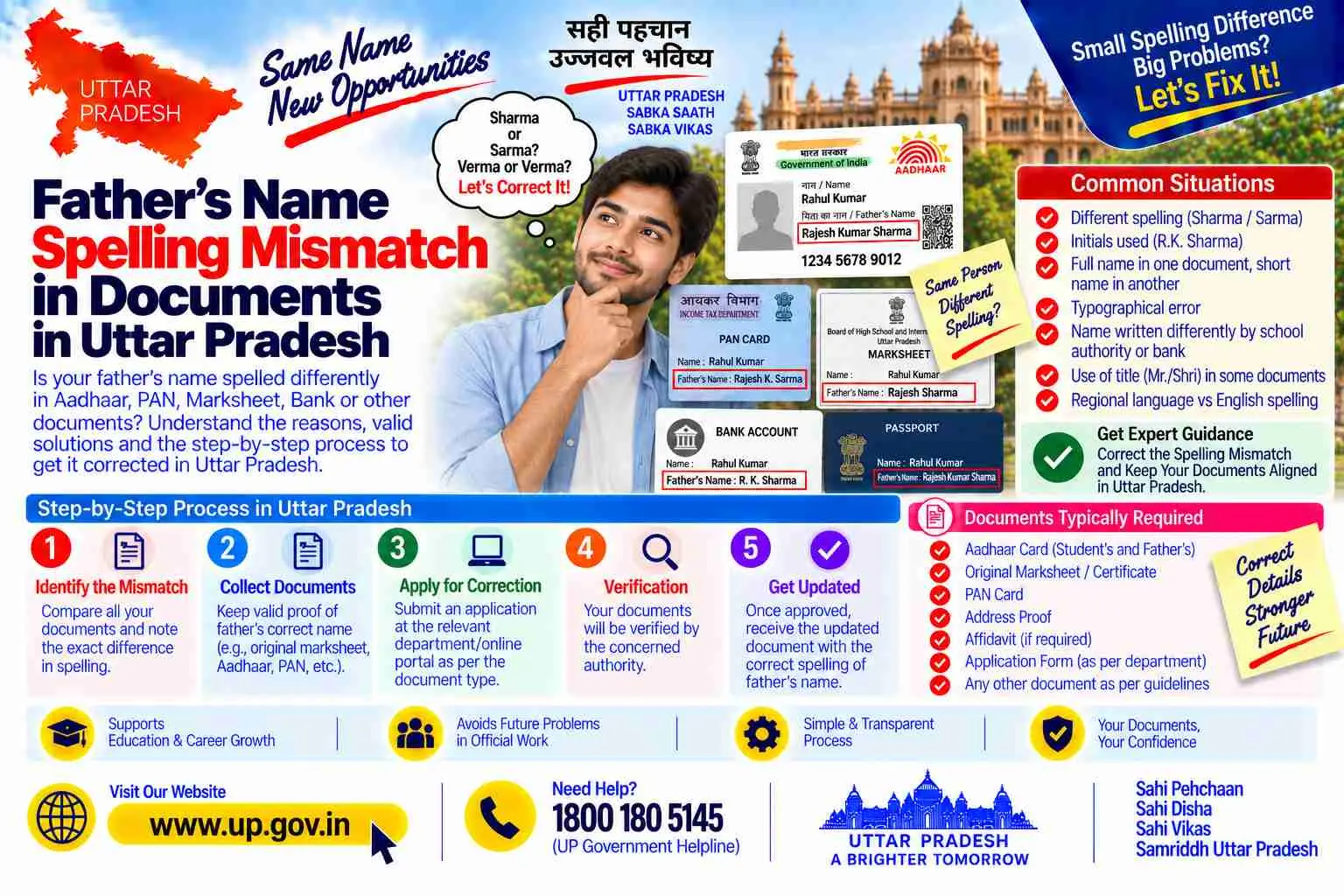 Father's name spelled differently across documents in Uttar Pradesh, and how to reconcile them