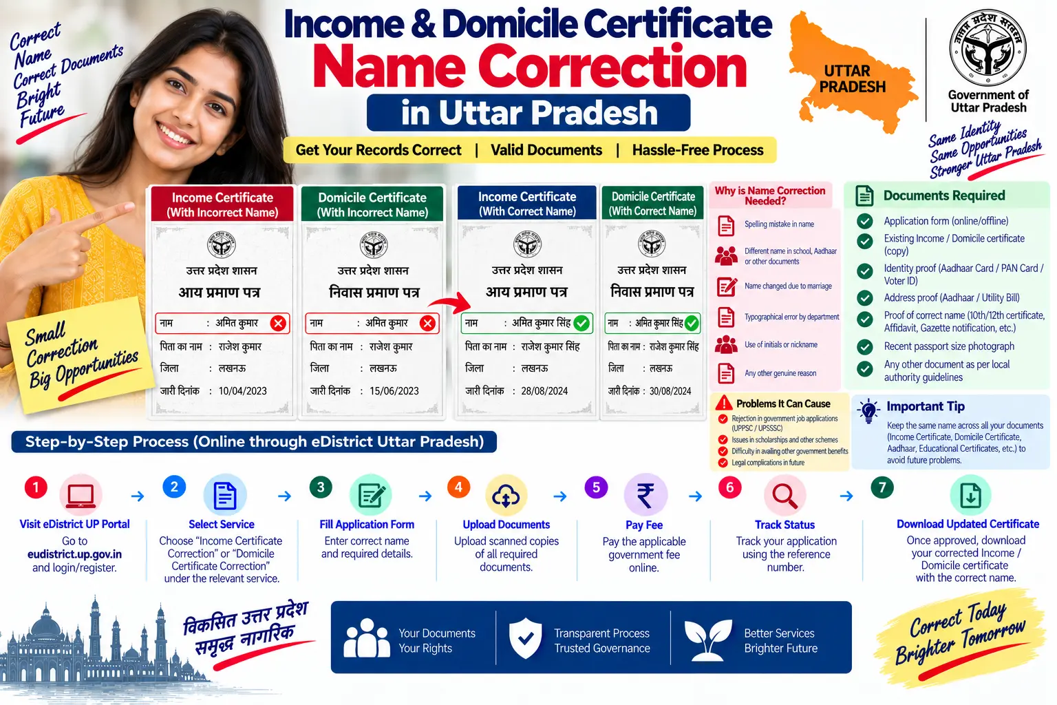 Income and domicile certificate name correction in Uttar Pradesh