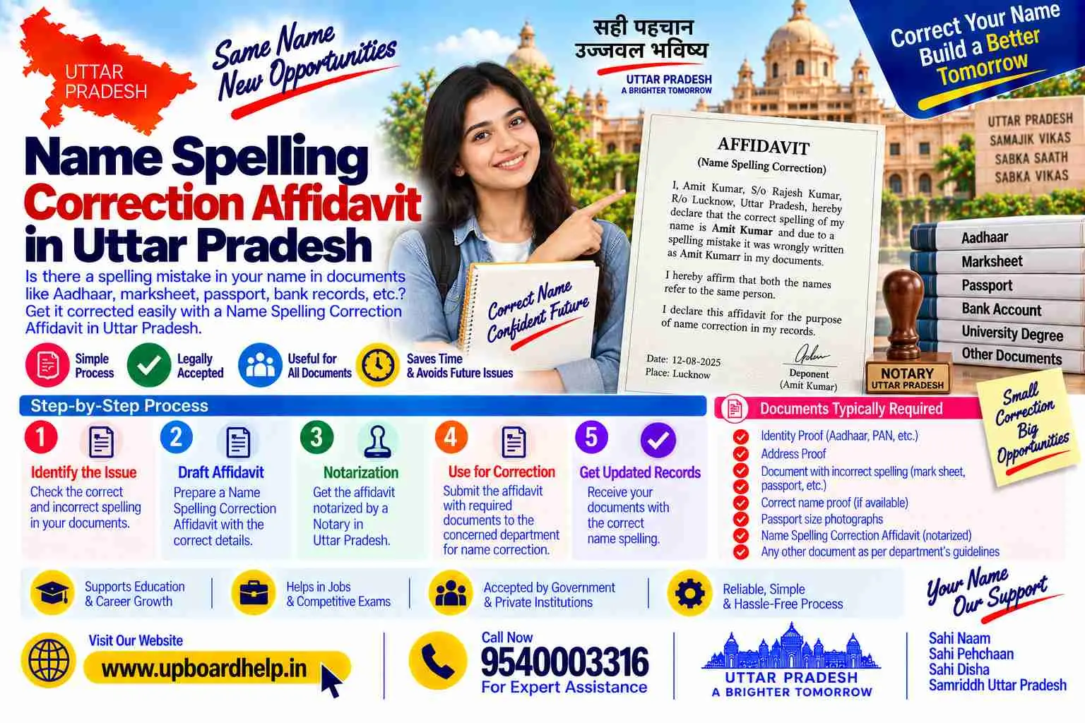 Name spelling correction affidavit formats for Uttar Pradesh, on stamp paper before a notary