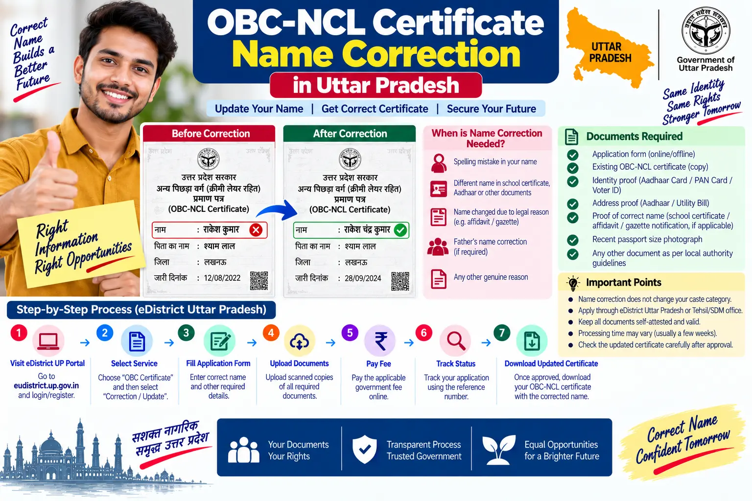 OBC non-creamy layer certificate name correction in Uttar Pradesh